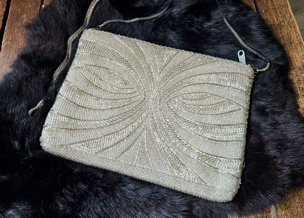 Vintage 90s Handmade AB Iridescent Silver Beaded Evening Clutch